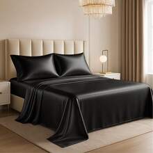 Lux Decor 4-Piece Satin Sheet Set, Silky Soft Polyester Bed Sheets With Deep Pocket Fitted Sheet, Breathable Cooling And Refreshing Bedding, Soft Touch, Washable Bed Linen For Home, Bedroom And Guest Room - 黑色 - 查看 12