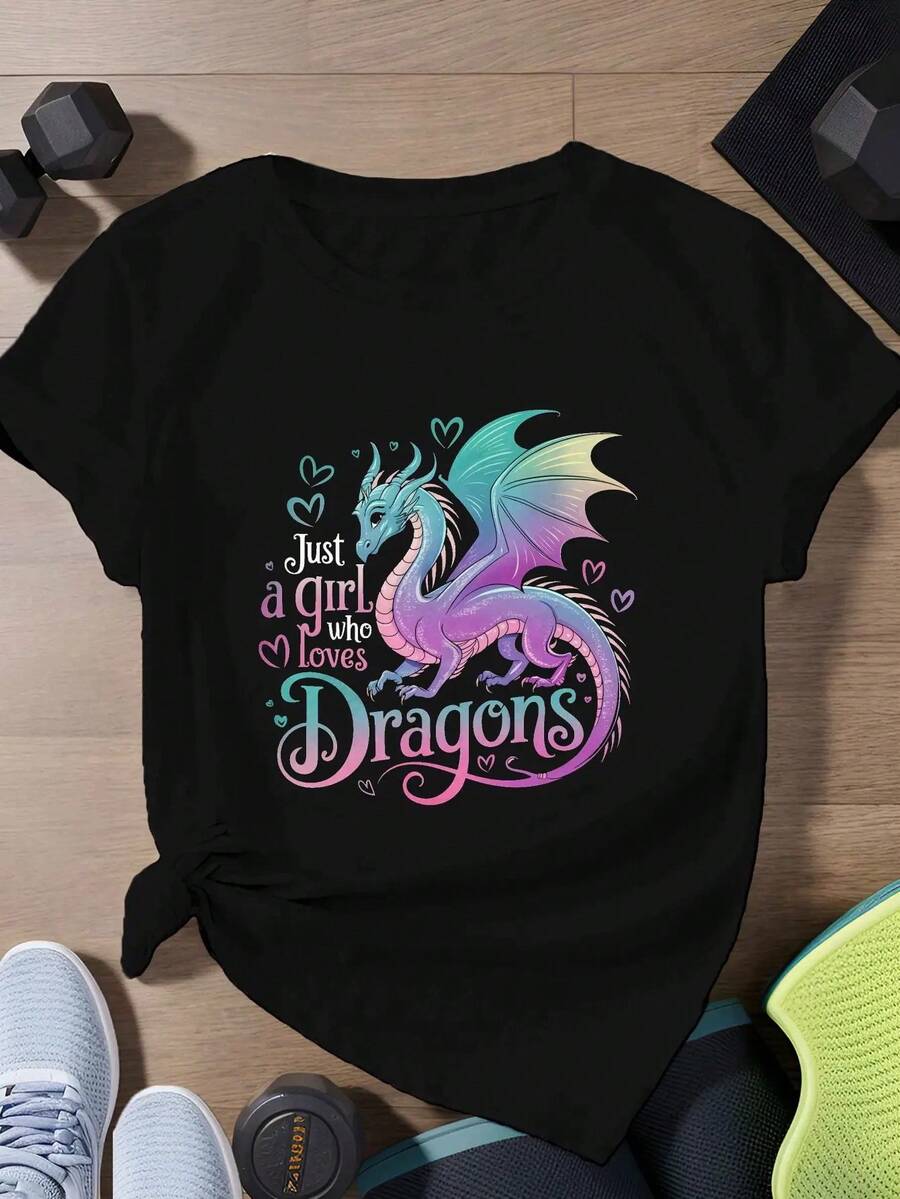 Plus Size Women'S Dragon Lover T-Shirt - Vibrant & Comfy Polyester, Short Sleeve, Round Neck With "Just A Who Loves Dragons" Print - Ideal For Sports & Casual Wear - Black - View 1