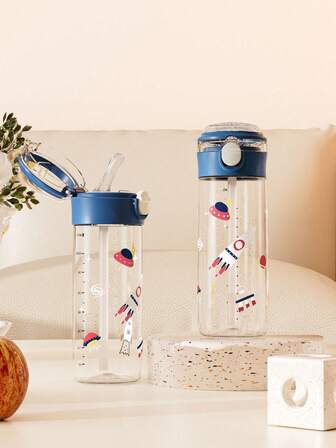 1pc 560ML Cartoon Style Children's Straw Cup, Cute Student Direct Drinking Water Bottle, Leak-Proof Lock, Anti-Fall, Transparent & Durable, Round Handle For Easy Carrying, Suitable For Babies 6 Months And Above At Home, School, Outdoor