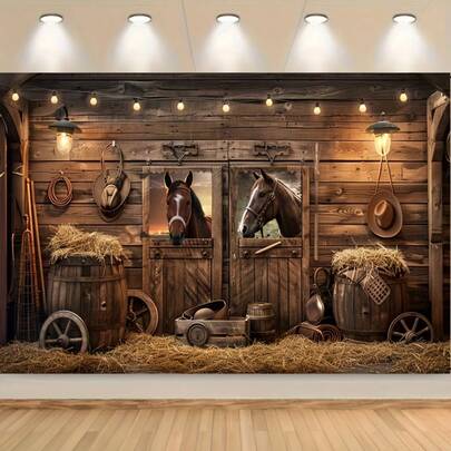 Sfondo di porta di fienile occidentale - Telo fotografico in poliestere a tema western, adatto per la decorazione di fattorie, stalle e case di campagna in stile country. Adatto per feste, ingressi di stanze, giardini - Utilizzo stagionale e per festività
