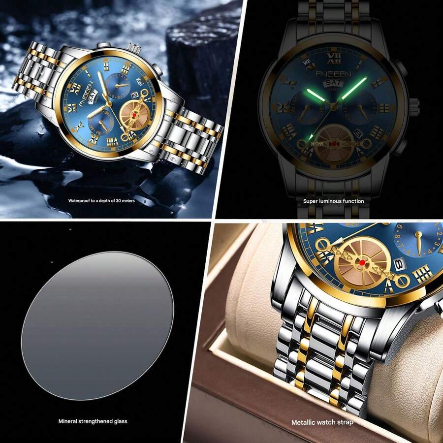 Men's Watch Relojes De Hombre Stainless Steel Quartz Classic Waterproof FNGEEN Reloj De Hombre  Invicta Watch Men Men's Self-Winding Watch Automatic Mechanical Tourbillon Stainless Steel Waterproof Luminous Luxury Dress Watch  Watch For Men Diamond Business Dress Analog Quartz Stainless Steel Waterproof Luminous Date Two Tone Luxury Casual Wrist Watch   Watches For Men With Date Luxury Big Face Waterproof Mens Wristwatch Analog Dress Two Tone Stainless Steel Man Watch Luminous Relojes De Hombre Calendar - Blue - View 1