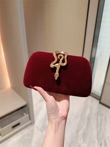 1pc Glamorous Metallic Snake Decor Clutch Bag, Luxury Shiny Vintage Gold Box Style Mini Purse, Fashionable, Charming, Elegant Women's Evening Handbag, Suitable For Wedding, Themed Formal Party, Prom, Birthday Celebration, Comes With Chain - Burgundy - View 8