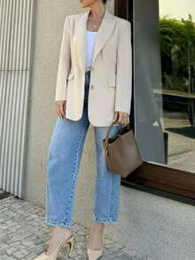 Women's Fashionable & Elegant Button Notched Collar Casual Blazer Jacket, Suitable For Commuting And Everyday Casual Wear - Beige - View 6