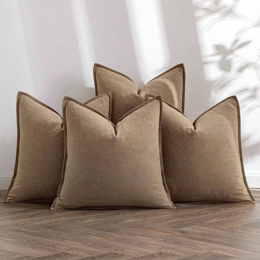 Neutral Linen Pillow Covers Pack Of 4 Decorative Natural Solid Throw Pillow Covers Soft Accent Boho Farmhouse Couch Pillowcases Modern Home Decors Living Room Bed Sofa 18x18 Inch - 18 英吋 x 18 英吋(4 件裝)+ 卡其色 - 查看 1