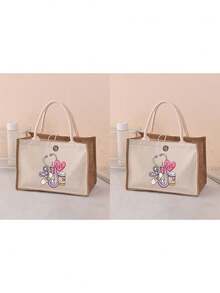 1/2pcs Nurse Theme Handbag & Cosmetic Bag Set, Patchwork Linen Tote Bag, Casual Style, Adjustable Shoulder Strap, Printed With Stethoscope, Heart, Syringe, Thermometer Patterns, Suitable For Commuting, Campus Life, Travel, Medical Events, Also A Thoughtful Gift For Holidays, Nurses' Day, Teachers' Day, Anniversary, Etc. - Khaki - View 15
