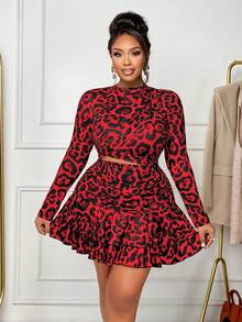 BIUBIU 大码女式优雅杏色针织不对称领长袖褶皱迷你连衣裙，适合春、夏、秋、冬四季穿着，动物纹印花连衣裙，豹纹印花连衣裙，适合休闲、时尚、优雅的户外活动、商务休闲场合、婚礼宾客礼服、约会、派对、正式晚宴等场合。 - 紅色 - 查看 5