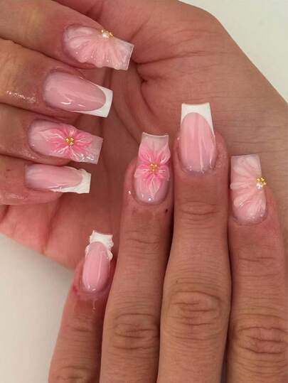 24 Stücke lange quadratische 3D dreidimensionale Gelnägel mit Blumen-Nageldesign, Perlenverzierung, weiße französische Acryl-Aufkleb-Nägel, lange perfekt passende Fake-Nägel-Set, einfach zu tragen für Sommer-Nägel und französische Nagelspitzen-Kunst für Frauen und Mädchen für den täglichen Gebrauch, Rave-Partys