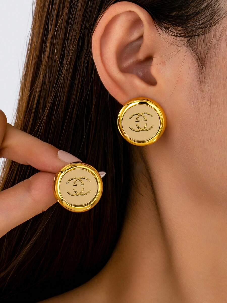 1 Đôi Khuyên Tai Hình Tròn Tối Giản Cổ Điển, Khuyên Tai Khắc Chữ, Trang Sức Cho Nữ Giới Đeo Hàng Ngày - Hoa tai tròn vàng cổ điển - Xem 1