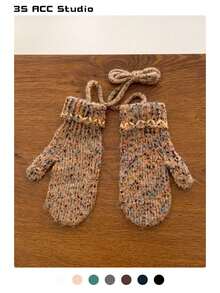 1双彩色圆点棕色针织手套，时尚纯色针织露指手套，适合女士，秋冬保暖百搭，适合学生，复古风格，加厚防风，适合骑行