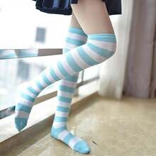DRESHOW 3 Pairs Thigh High Socks Striped Over Knee Thin Tights Long Stocking Knee High Leg Warmer{"Color_name":"3Pairs:Pink/Blue/Purple"} - Nhiều màu2 - Xem 4