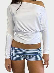 Womens Fold Over Shorts Stripe/ Dots Print Elastic Waist Low Rise Y2k Lounge Shorts Foldover Cute Pajama Micro Bottoms Mini Shorts Loungewear Summer Casual Skinny Pj Bottom Sleep Shorts - 藍色 - 查看 5