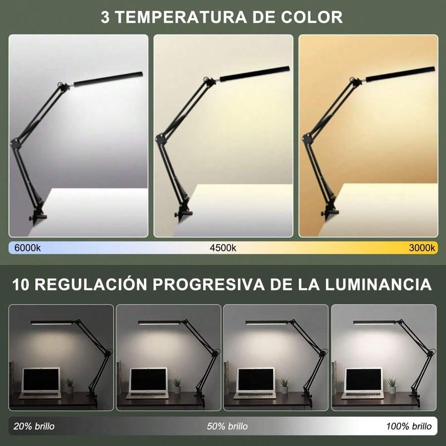 VIDA4U Lámpara de Escritorio, Lámpara Led con Brazo Oscilante de 360 ° , 3 Modos de Luz con 10 Niveles de Brillo Infinito - BLANCO - Ver 1