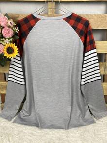 Plus Size Women Christmas T-Shirt, Spring Autumn Plus Size Merry Christmas Letter & Plaid Patchwork Print Elastic Crew Neck T-Shirt, Christmas Pattern Print Casual Tee