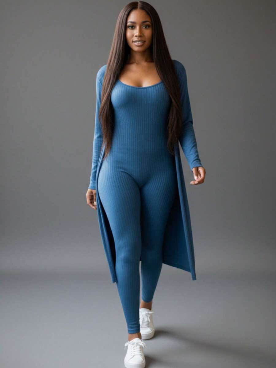 2pcs Rib-Knit Long Sleeve Cardigan And Bodycon Jumpsuit Sets For Women, Spring And Fall Women's Clothing, Slim Fit Loungewear - Sương mù xanh - Xem 1