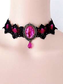 1pc Women's Gothic Style Rhinestone Choker Necklace, Unique Design Short Lace Collar Necklace - Rose Red - View 4