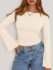 Fall New Arrival Women's Long-Sleeve Top Crop-Top Style Casual Outerwear Boat Neck With Bell Sleeves Ribbed Pleated Design Millennial-Inspired Fashion - Màu be - Xem 6