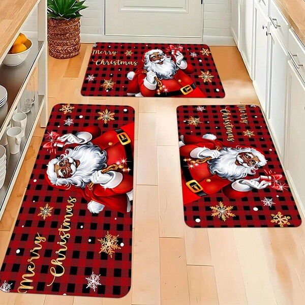 2pcs/3pcs, Christmas Home Kitchen Mat Set - Santa Claus And Christmas Gift Box Pattern Kitchen Decoration, Flannel Carpet, Suitable For Sink, Bedroom, Living Room, Dining Area