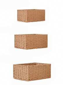 Madebyblanc 1/3pcs Hand-Woven Storage Basket Bathroom Toiletries Storage Container Kitchen Snack Candy Rack Office Study Bookshelf Stationery Medicine Box Toy Storage Basket Dressing Table Skin Care Cosmetics Storage Home Decoration Basket Gift Basket Gift Basket Cosmetic Basket Living Room Storage Basket - Camel - View 13