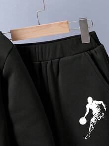 青少年男孩卡通印花保暖连帽衫和运动裤套装 - 黑色 - 查看 5