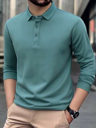 Herrpolo med lång ärm, lös passform, lätt, affärsmässig vardag, enfärgad, enkel campusstil
