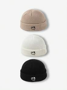 1 pieza Gorro de punto de unicolor con bordado de cara de fantasma versátil, adecuado para mantener el calor en otoño/invierno y uso diario de ropa de invierno para hombres - cara sonriente divertida - Ver 23
