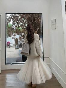 Patchwork Casual Mesh Splice Ribbed Relaxed Minimalist Tulle Skirt - Apricot - View 7