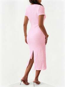 Unadoll Women's Short Sleeved Round Neck Zipper, Fake Buckle Design, Slit, Elegant Temperament Pink Winter Dress, Suitable For Dates, Commuting, Weddings, Christmas, Thanksgiving Wearing