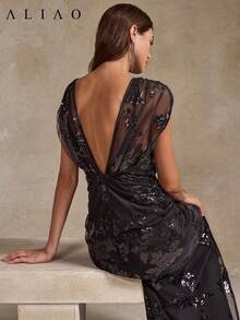 Đầm Aliao cổ chữ V phối lưới, thêu hoa và đính sequin, thanh lịch, thích hợp mặc hàng ngày, dự tiệc, đón năm mới, phong cách retro, ngày Valentine, dự đám cưới, đầm mùa xuân, đầm dự tiệc duyên dáng, đầm maxi đen mùa hè. - màu đen - Xem 1