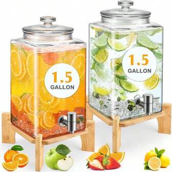 2 Set 2.6 Gallon Glass Beverage Dispenser With Wooden Stand Large Drink Dispensers Parties With Leakproof Stainless Steel Spigot Glass Lid Lemonade, Iced Tea