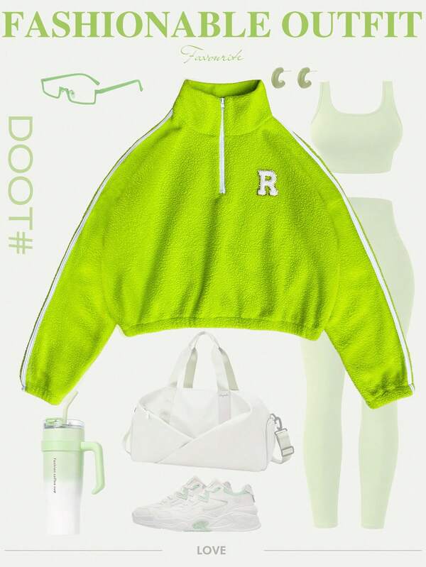 Suéter de Inverno Selecionado com Zíper Parcial, Forro Térmico, Gola Alta, Dupla Face em Pelúcia Felpuda Verde Fluorescente, Textura Felpuda com Decoração de Letras, Design de Listras Brancas Laterais que Exibe Personalização e Vitalidade