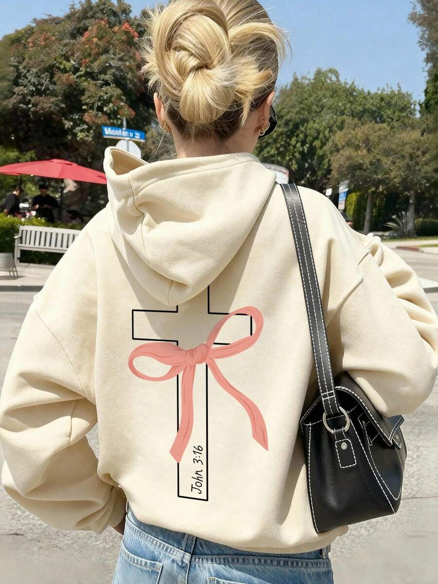 1件少女休闲印花套头卫衣，保暖内衬，长袖，秋冬季学生服装 - 杏色 - 查看 1