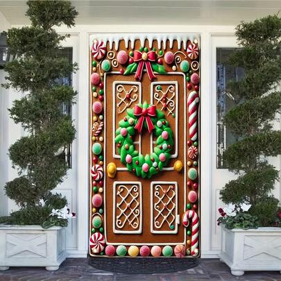 Pancarta colgante de 71x35 pulgadas con diseño de casa de jengibre navideña - Decoración festiva de caramelos y coronas, para interior/exterior, se ajusta a puertas estándar, sin necesidad de electricidad