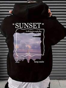 Sunset Graphic Polyester Hoodie Mit Geometrischem Muster - Lässiges Sweatshirt Aus Strickstoff Mit Kapuze, Fronttasche, Leichtem Stretch, Regular Fit - Kapuzenpullover Für Frühling & Herbst
