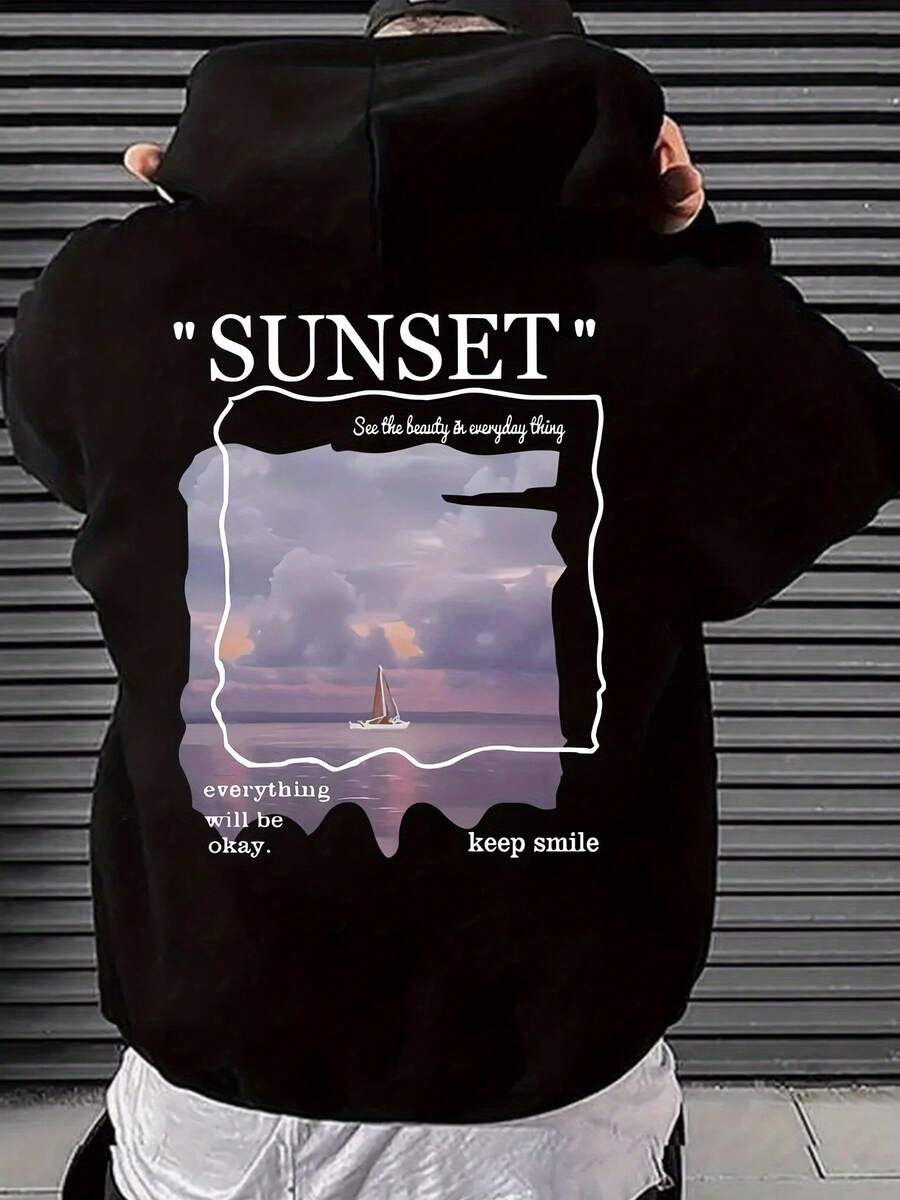 Sunset Graphic Polyester Hoodie Mit Geometrischem Muster - Lässiges Sweatshirt Aus Strickstoff Mit Kapuze, Fronttasche, Leichtem Stretch, Regular Fit - Kapuzenpullover Für Frühling & Herbst
