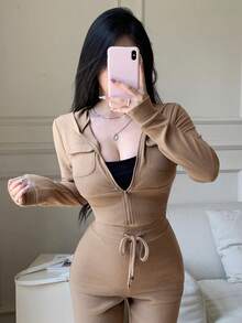 abyoxi Conjunto de 2 piezas de top de manga larga con capucha, cremallera, bolsillos y cintura ajustada en color caqui, y pantalones anchos de pierna ancha con cordón a la cintura en estilo deportivo y urbano para otoño e invierno - Café integral - Ver 3