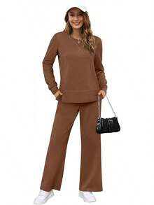 OFEEFAN Women's 2 Piece Lounge Set Travel Airport Outfits Side Slit Tracksuit Wide Leg Loungewear Baggy Comfy Sweatsuit S-3XL - màu nâu - Xem 3