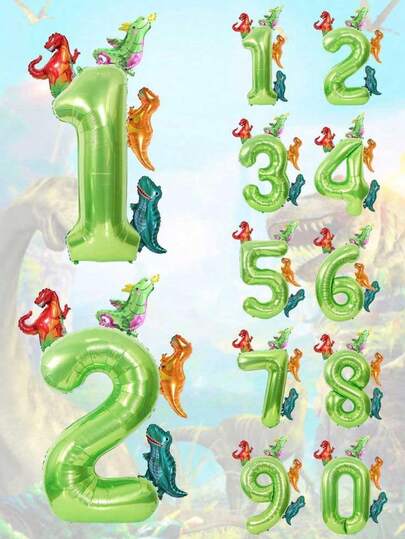 Set de 7 globos de aluminio con temática de dinosaurios verdes de 32 pulgadas, que incluye T-Rex, Velociraptor, Triceratops, Pteranodon, adecuados para cumpleaños, bautizos y decoración de fiestas