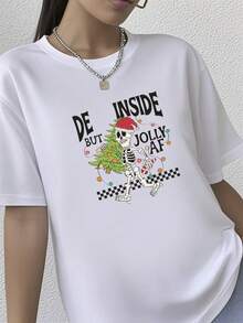 180g pure Cotton Dead Inside Skeleton Christmas Sweatshirt, Funny Christmas Sweater Crewneck Holiday Sweatshirt, Sarcastic Christmas Shirt Womens Holiday Tee Print Round Neck Short Sleeve designer clothes T-Shirt For Women Casual fashion Stylish Summer Soft - Blanco - Ver 1