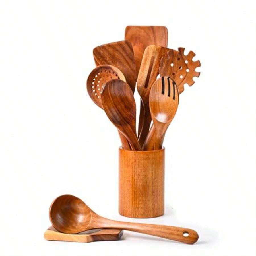 Wooden Utensil Set For Cooking 10Piece Natural Teak Kitchen Utensil Set With Spoon Rest And Utensil Holder  HeatResistant Comfort Grip Wooden Cooking Tools For Nonstick Cookware.