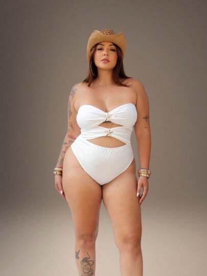 Biquíni plus size sem alças com fivela e cintura alta, design elegante, casual, sexy e simples, tecido altamente elástico, comprimento curto sem mangas