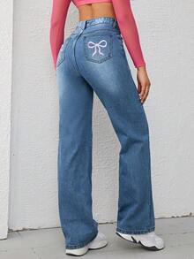 Teen Girl's Loose-Fit Bow Print Denim Wide-Leg Pants - Medium Wash - View 4
