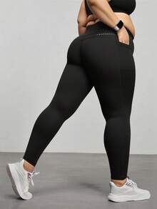 加大码女式高腰柔软运动紧身裤，修身健身跑步裤，带口袋，适合户外骑行、瑜伽