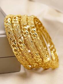 1pc Stacked 24K Gold Plated Heart & Four Leaf Clover Openable Bracelet, Popular Dubai & Europe Style, For Summer Wedding Season
