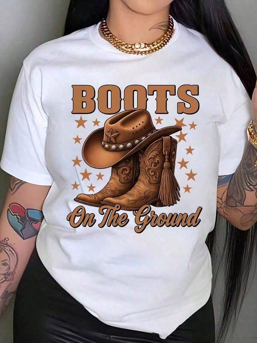 Plus Size Women's Vintage Western Cowgirl Graphic T-Shirt - Cowgirl Boot Design With "Boots On The Ground" Slogan, Soft Breathable Regular Fit Casual Tee For Celebrations & Casual Attire, Retro Short Sleeve Shirt, Ladies T-Shirts, Festive Print Top, Comfortable Fit Top - 白色 - 查看 1