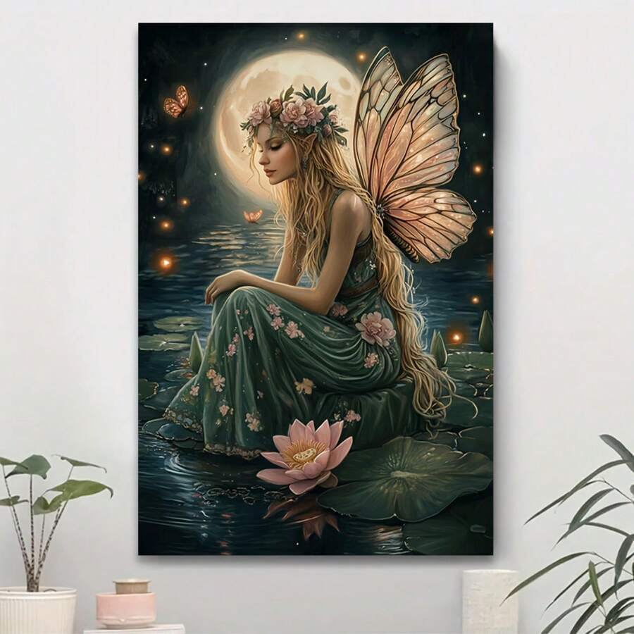 1pc Fairy Canvas Wall Art, Butterfly Wings, Moonlit Fantasy Print. Stretched Canvas, Wall Decor For Living Room, Bedroom. Floral Crown, Elegant, Artwork, Fantasy Decor, Ready To Hang Canvas Art. Magical Wall Art. - 彩色 - 查看 1