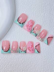 10pcs Y2K Nails Chic Duckbill Press On Nails Set - Handcrafted, Blue Nails, Pink Nails, Blue And Pink French Tip Nails, Handmade 3D Flower, Hand Drawn Black Kitten, Hand Drawn Element Design Decoration, White Little Flower Element Design, Sparkling Rhinestone Nails, - Suitable For Women And Girls, Party, Wedding, Daily Wear, DlY Nail Art, Nail Set, Includes Tool Kit. Duck Nails. Handmade Acrylic Press On Nails. Goth Nails. Nail Supplie - 彩色 - 查看 11