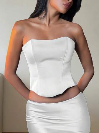 Yuwenier Corpiño satinado mate sexy con ballenas de acero, body con espalda descubierta y cordones, estilo corsé, sin tirantes, atuendo para fiesta de cumpleaños o Día de San Valentín