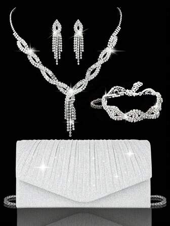 Elegant Women's Rhinestone Evening Clutch, Sparkling Luxury Rhinestone Jewelry Set Sparkling Necklace Earrings Bracelet Set Glitter Wrinkle Handheld Banquet Bag V-Shaped Flip Cover Envelope Bag, Set Of 4 Rhinestone Ear Clips Bridal Wedding Choker Bracelet Pendant, Sparkling Purse, Perfect For Party, Wedding, Prom, Dinner/Banquet, Wedding Dress, Formal Wear, Prom Dress, Birthday Dress