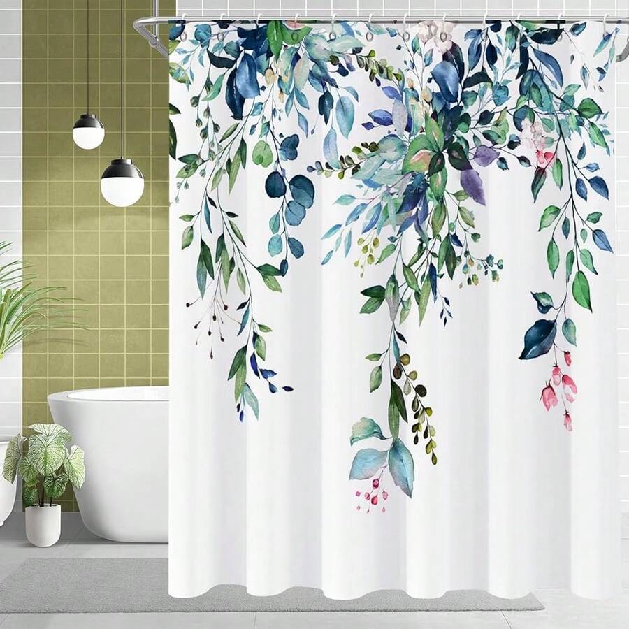Eucalyptus Extra Long Shower Curtain, Watercolor Green Leaves Plant Floral Spring Nature Waterproof Fabric Machine Washable With Hooks For Bathroom Bathtub Decor 72Wx78H{"Color_name":"BlueGreen","Size_name":"72\"Wx78\"L(Packof1)"} - Nhiều màu5 - Xem 1