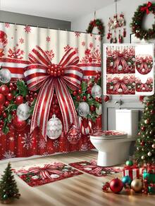 مجموعة هدايا تشمل ستارة حمام للزينة الشتوية والعيد بتصميم الكرات والسنديان والفرنسية والثلج بألوان أحمر وأخضر، قابلة للغسيل، ستارة نافذة الحمام، تشمل 12 خطاف و غطاء مقعد مرحاض مانع للانزلاق بشكل حرف U